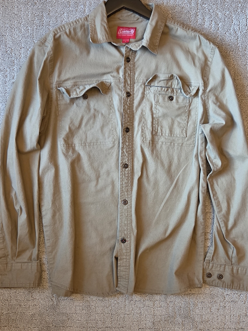 Coleman Tan Canvas Outdoor Utility Button Up Shirt Mens Large